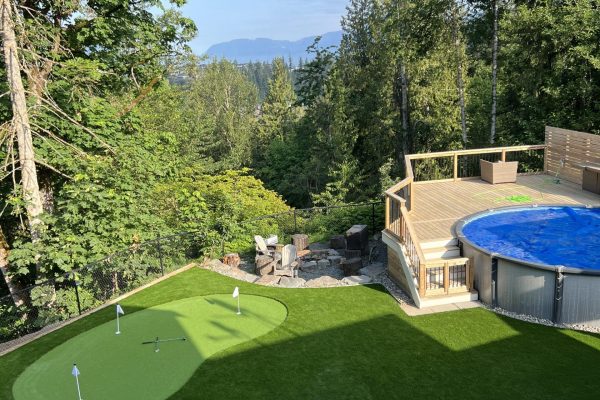 A backyard with a pool and a golf course.